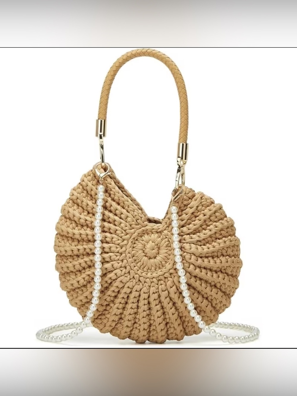 Beige Woven Crochet Shell Bag